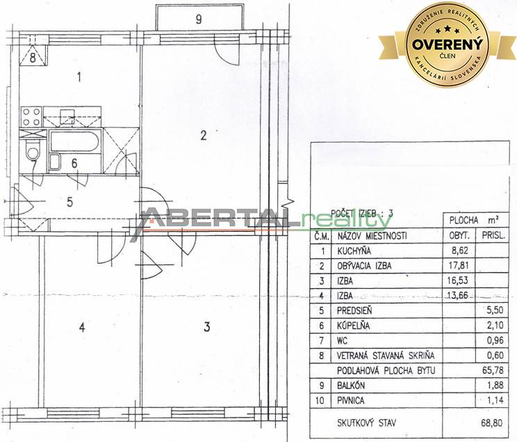 Predaj, 3 izbový byt, československej armády, Košice, pôdorys, výmera izieb.jpg